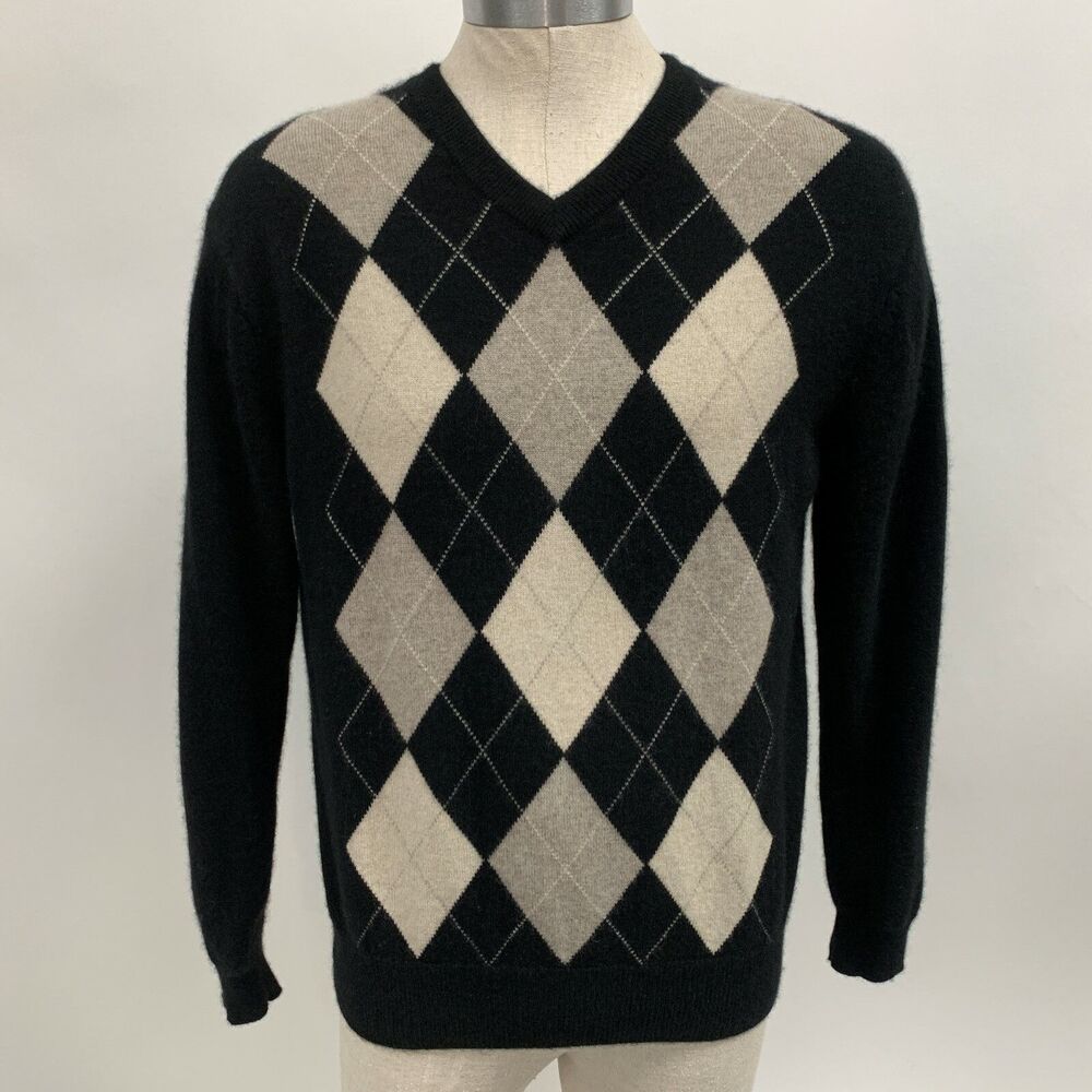 Allen Solly Men's Sweater Medium Black Multi-color Diamonds 100% Cashmere V-Neck